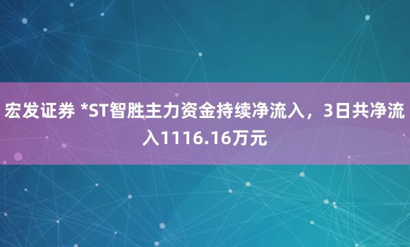 宏发证券 *ST智胜主力资金持续净流入，3日共净流入1116.16万元